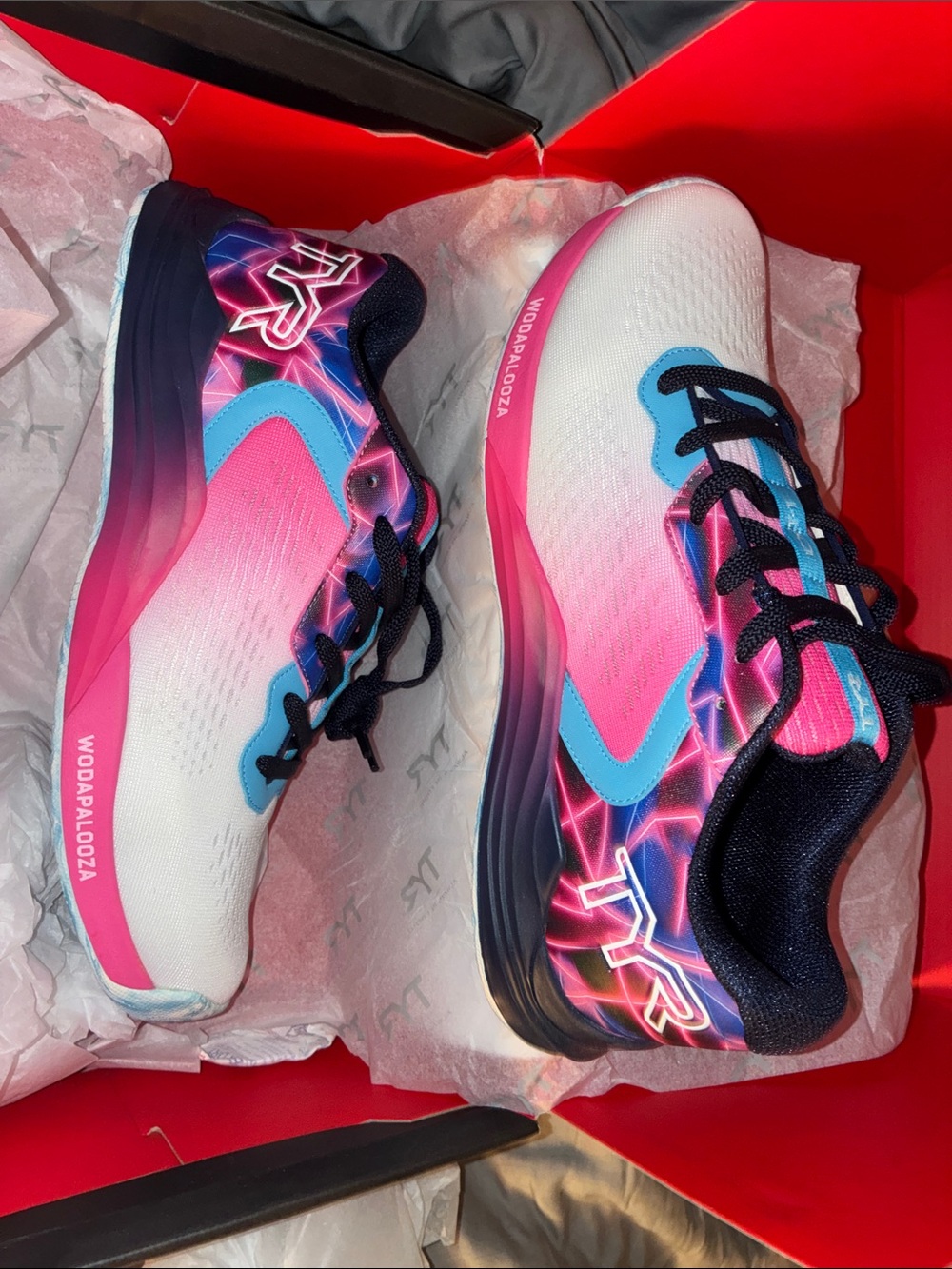 TYR Wodapalooza Women’s ,Pink Blue & White Athletic Shoes with Neon Graphic CXT1